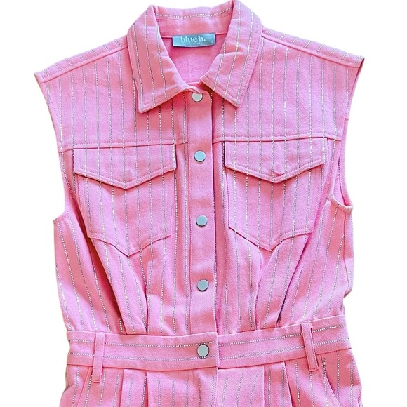 NEW blue b Light Pink Allover Rhinestone Pinstripe Raw Edge Denim Jean Romper S - Picture 3 of 6